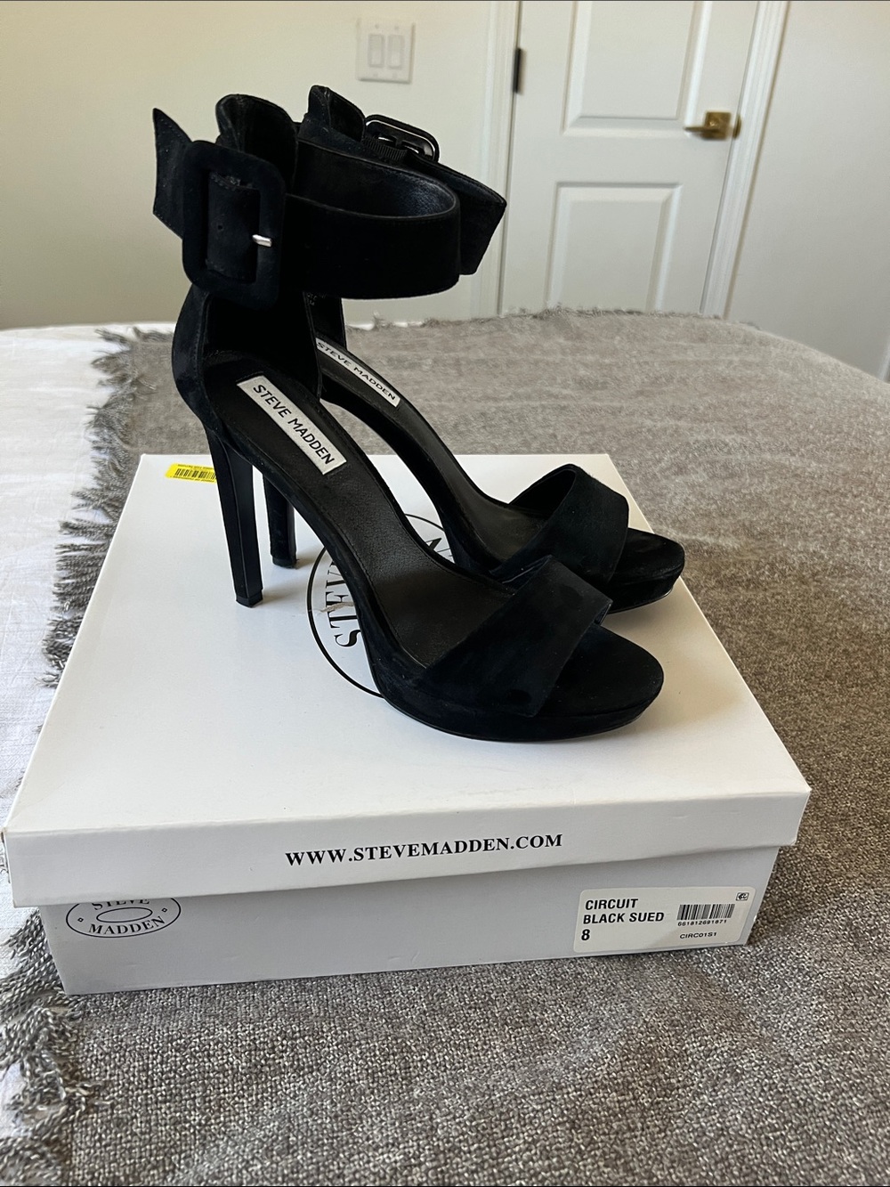 Steve Madden Black Suede Ankle-Buckle Stiletto Sandals